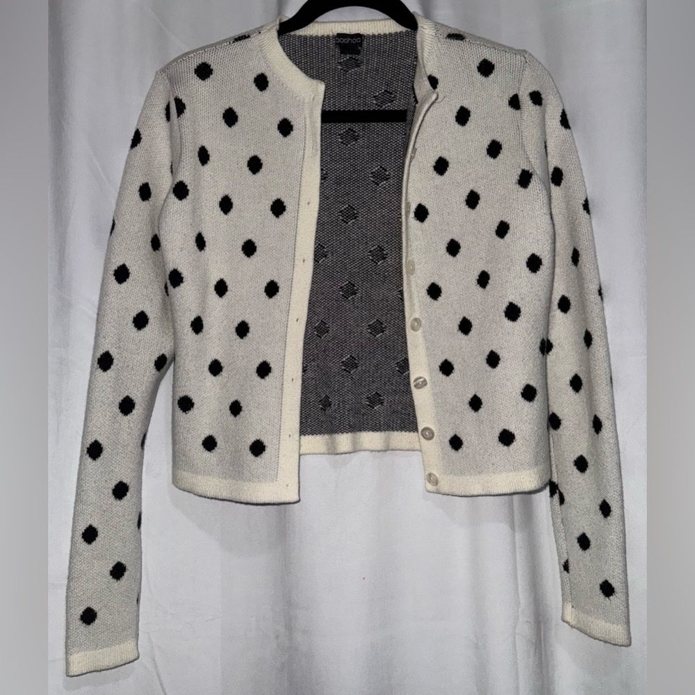 Boohoo Black and White Cardigan Sweater with Polka Dots